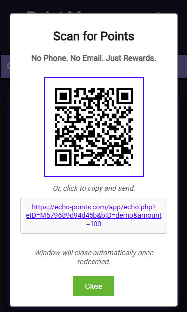 The Echo Points screen a customer sees after scanning: the amount, the points they will earn, and a pay button
